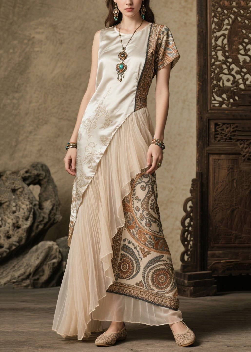 Boho Beige Asymmetrical Patchwork Print Silk Robe Dresses Summer