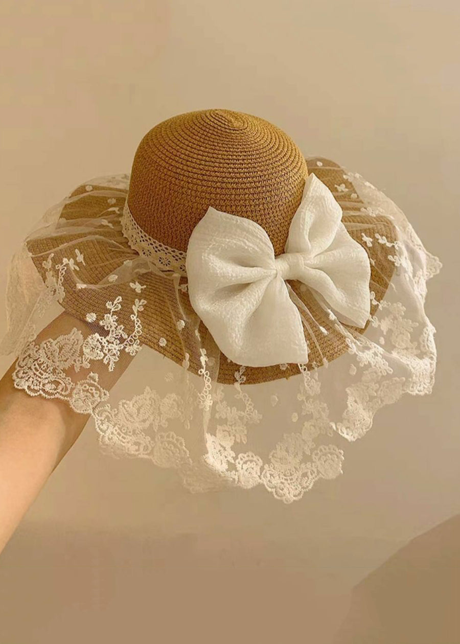 Boho Beige Bow Lace Patchwork Straw Woven Floppy Sun Hat
