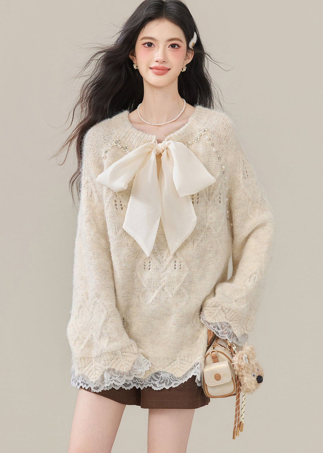 Boho Beige Bow Nail Bead Patchwork Lace Knit Tops Winter
