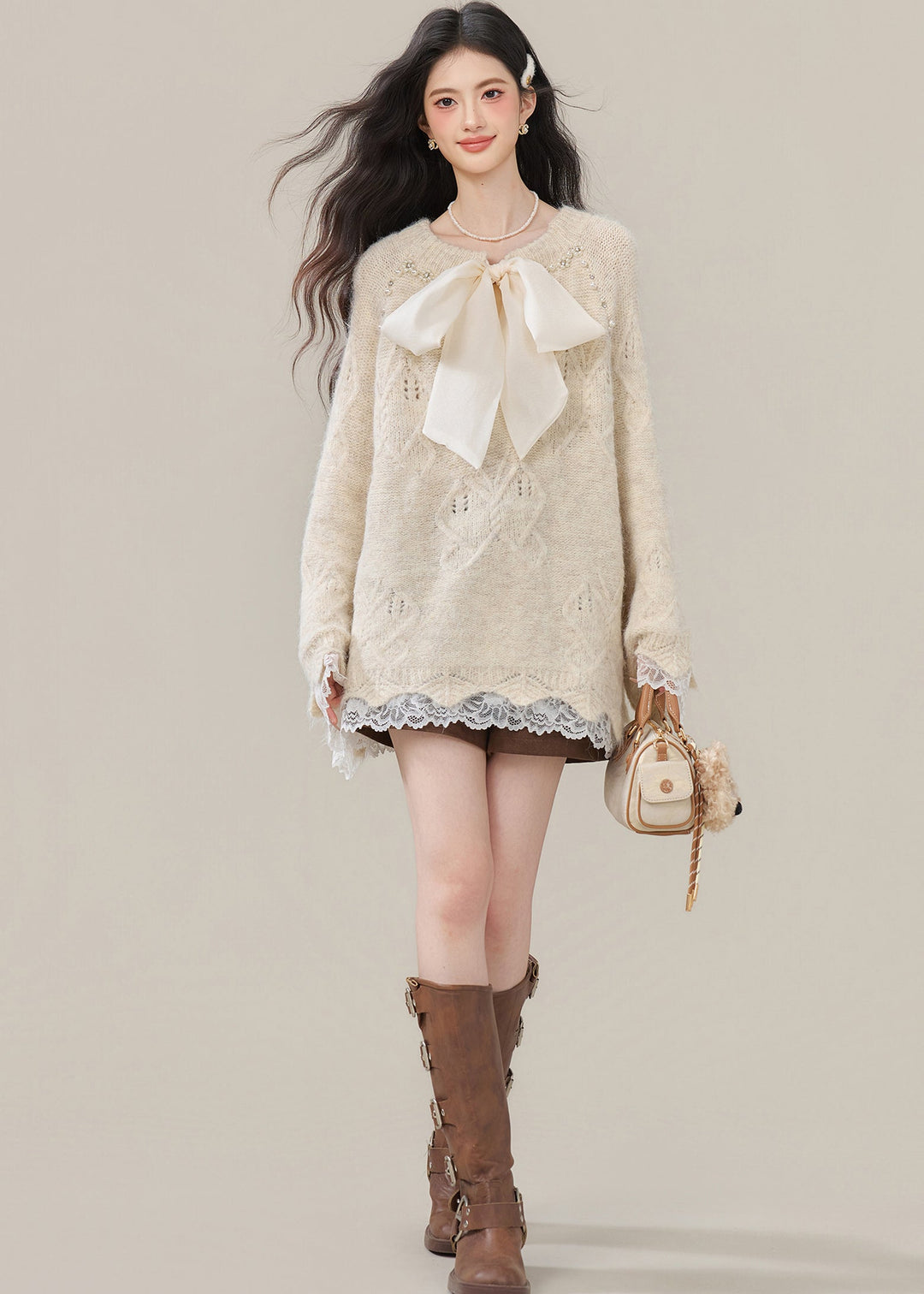 Boho Beige Bow Nail Bead Patchwork Lace Knit Tops Winter