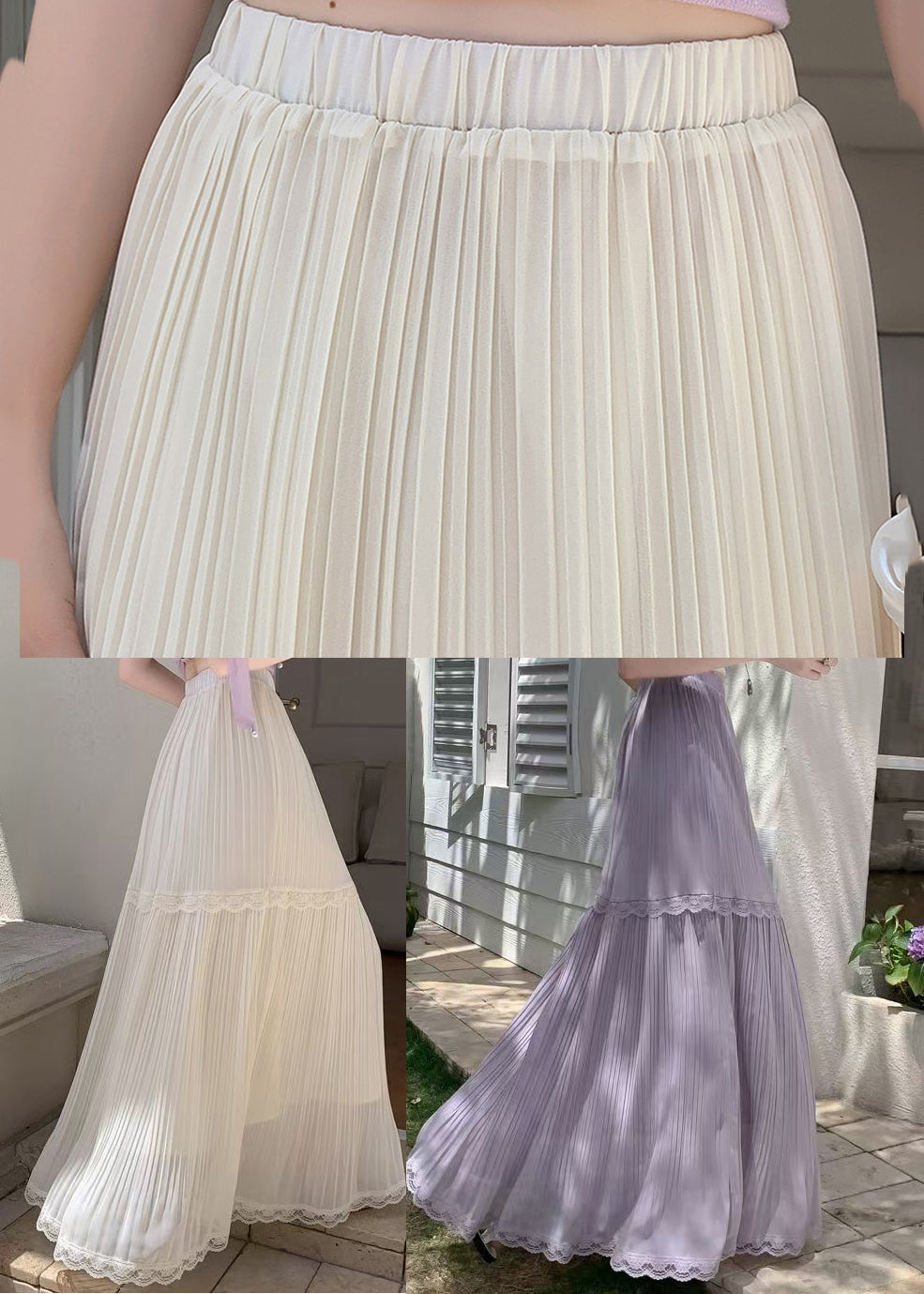 Boho Beige Elastic Waist Exra Large Hem Chiffon Pleated Skirts Summer