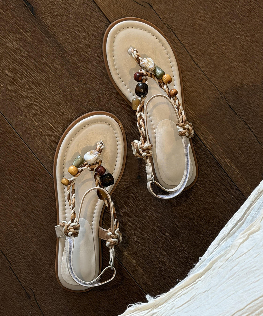 Boho Beige Faux Leather Thong Sandals Splicing
