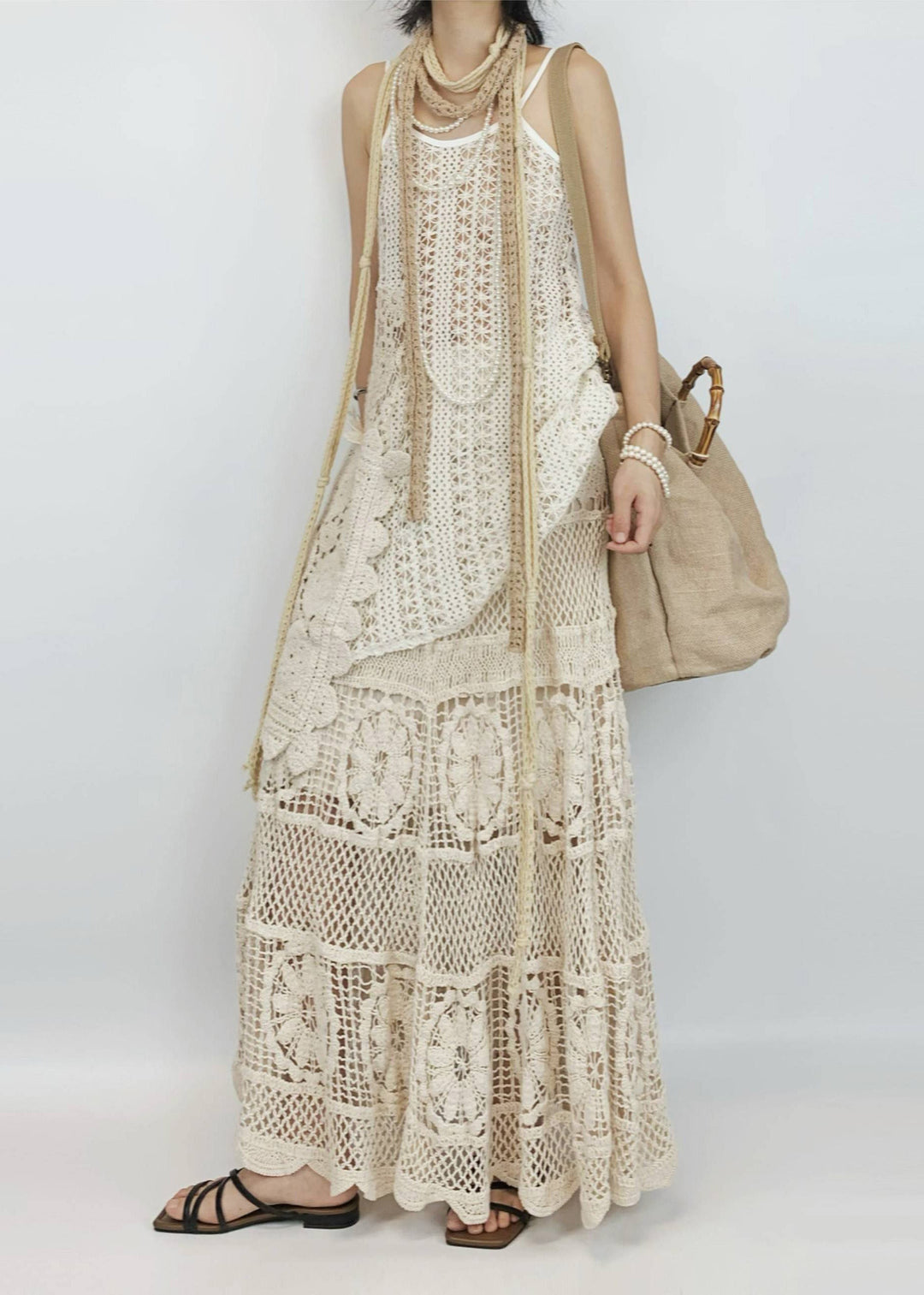 Boho Beige Hollow Out Asymmetrical Design Knit Two-Piece Set Summer