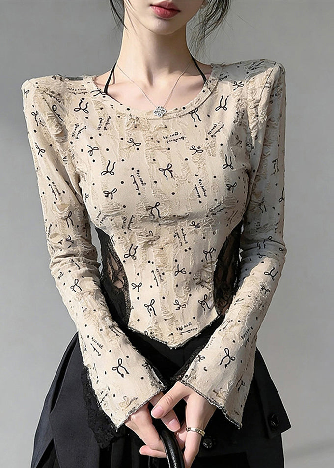 Boho Beige Print Lace Patchwork Cotton Blouses Flare Sleeve