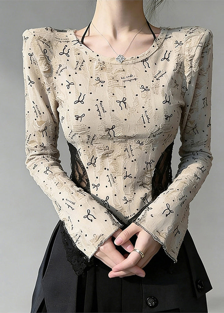 Boho Beige Print Lace Patchwork Cotton Blouses Flare Sleeve