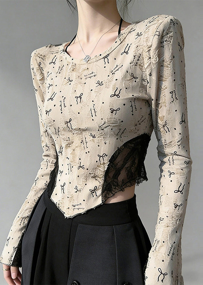 Boho Beige Print Lace Patchwork Cotton Blouses Flare Sleeve