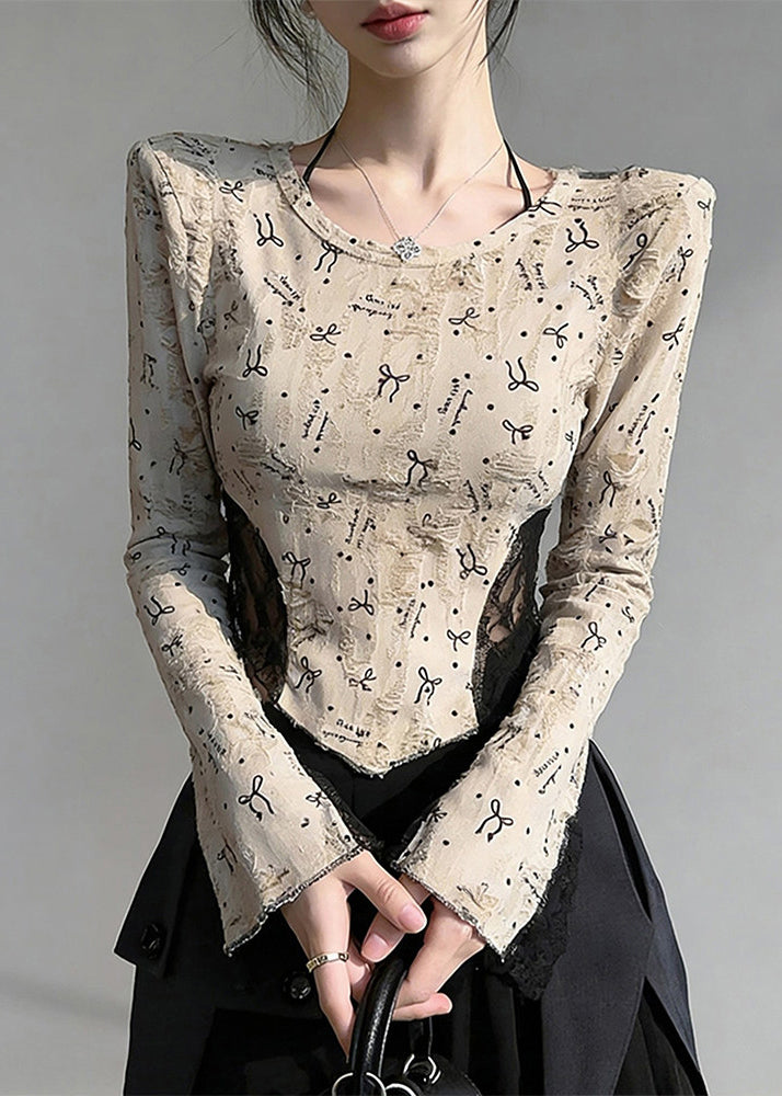 Boho Beige Print Lace Patchwork Cotton Blouses Flare Sleeve