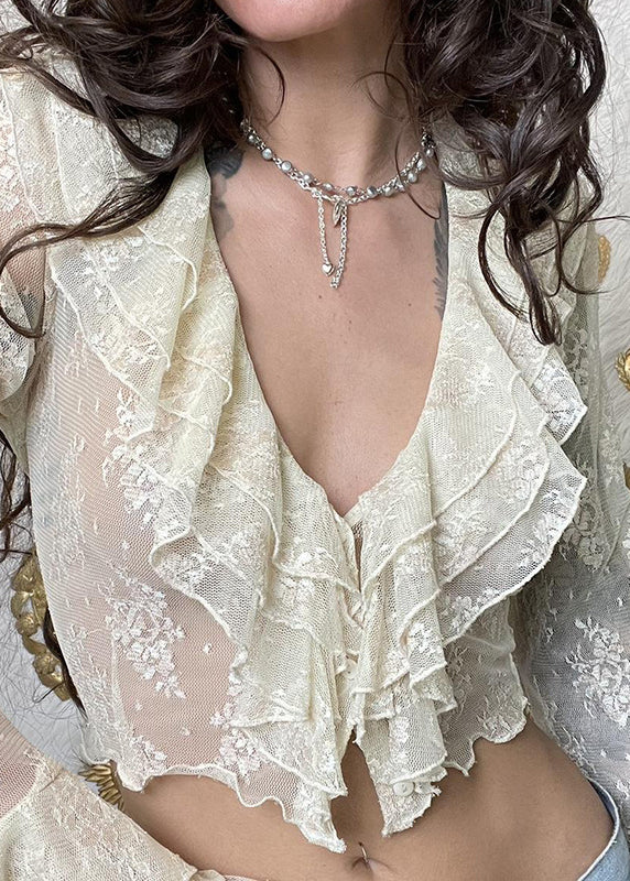 Boho Beige Ruffled Lace Shirt Flare Sleeve