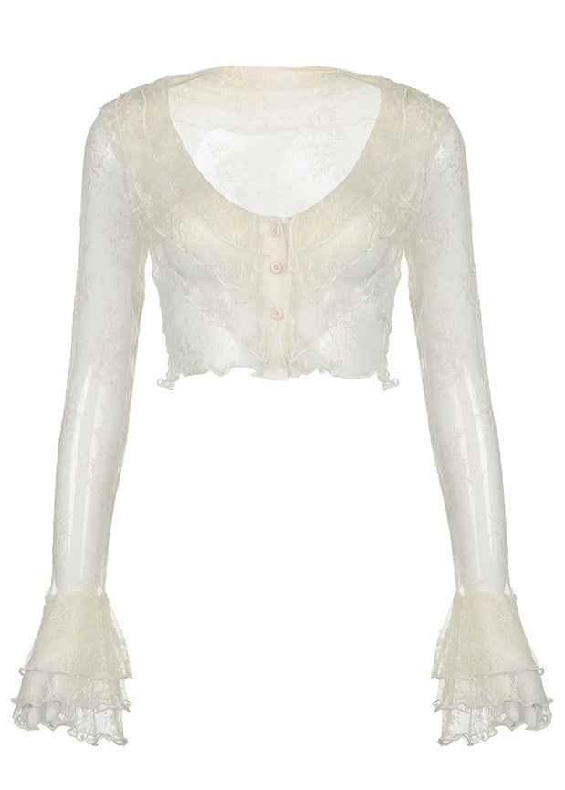 Boho Beige Ruffled Lace Shirt Flare Sleeve