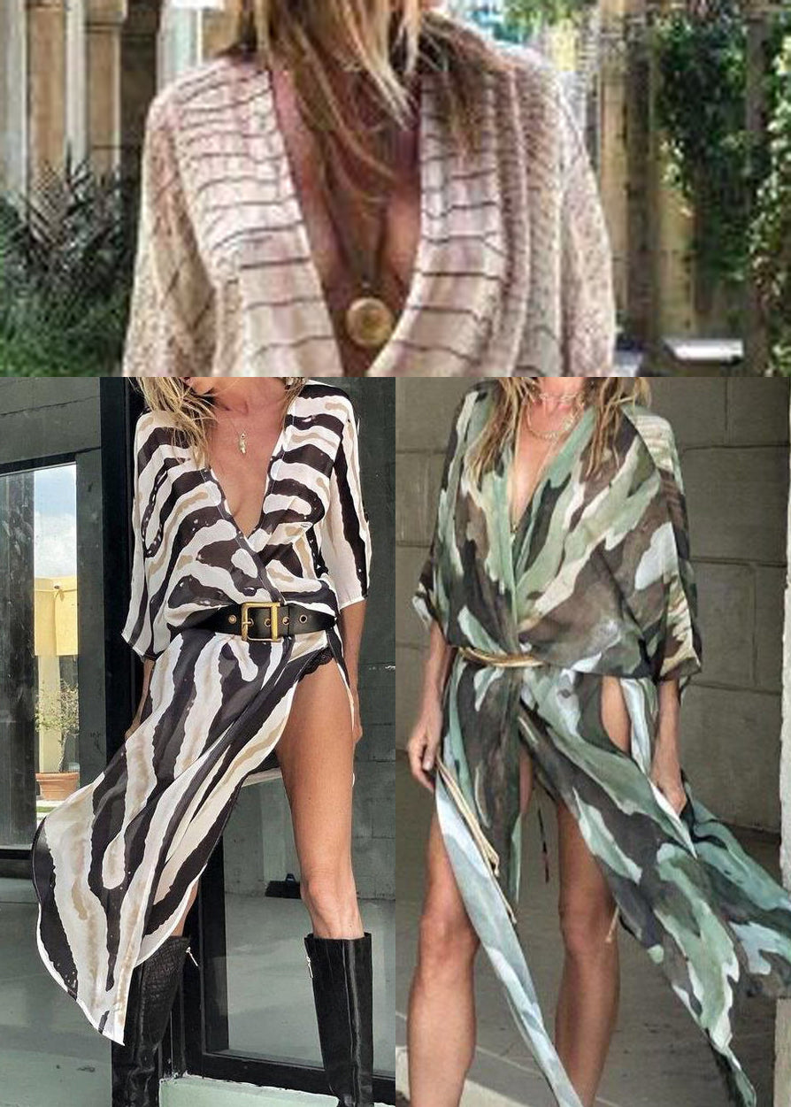 Boho Beige Striped Side Open Cotton UPF 50+ Cardigans Summer