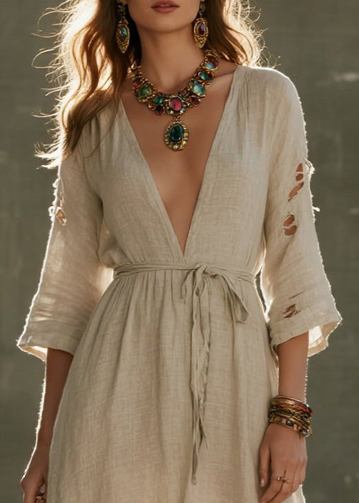 Boho Beige Tie Waist Ripped Linen Vacation Dress Bracelet Sleeve