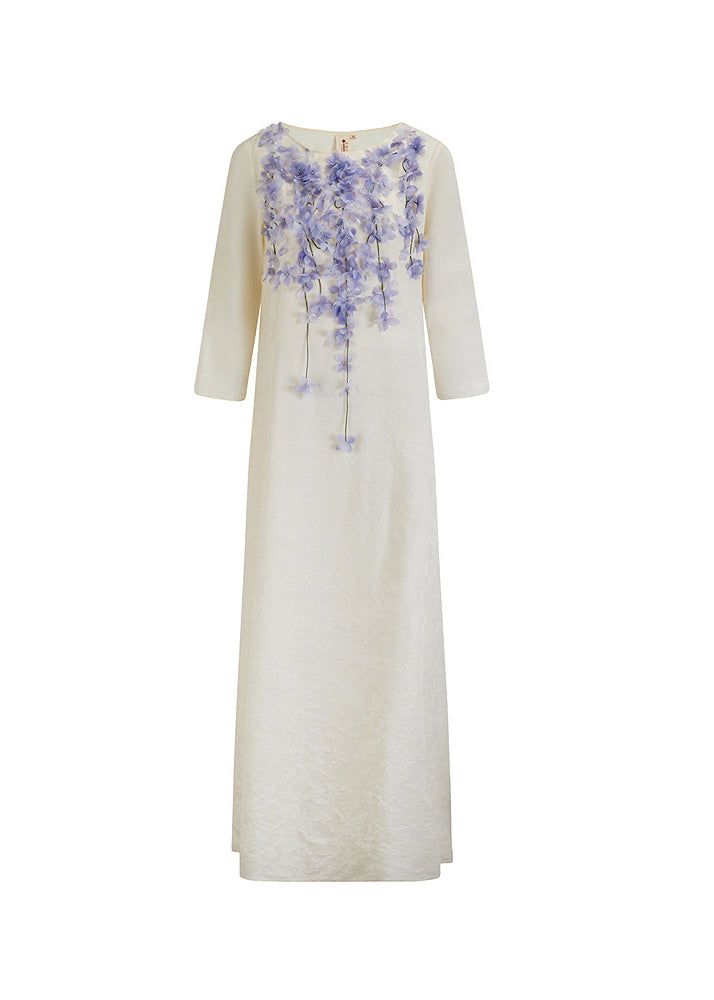 Boho Beige White Jacquard Stereoscopic Floral Dresses Bracelet Sleeve