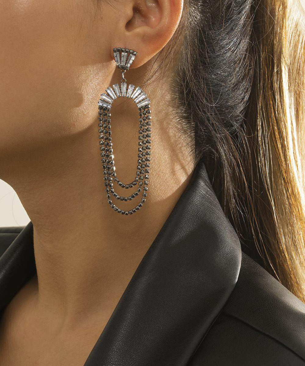Boho Black Alloy Zircon Sector Chain Drop Earrings