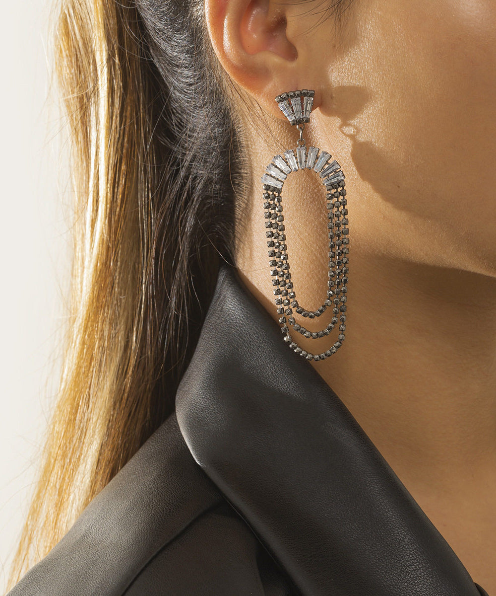 Boho Black Alloy Zircon Sector Chain Drop Earrings