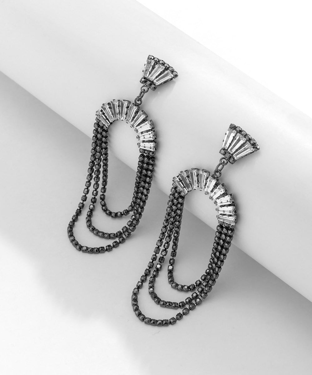 Boho Black Alloy Zircon Sector Chain Drop Earrings