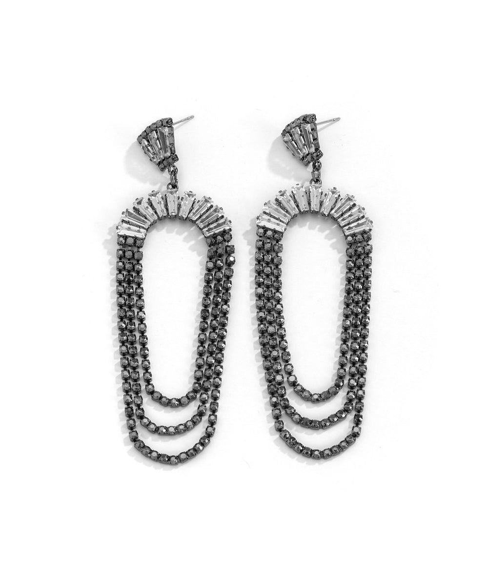 Boho Black Alloy Zircon Sector Chain Drop Earrings