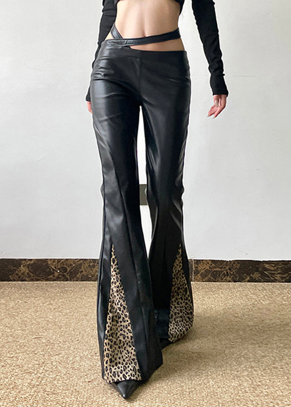 Boho Black Asymmetrical Leopard Patchwork PU Pants Spring