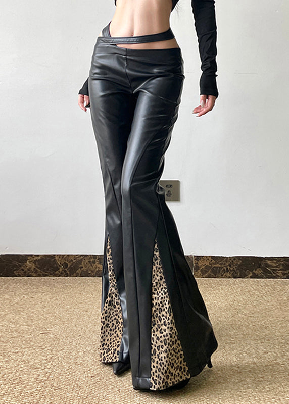 Boho Black Asymmetrical Leopard Patchwork PU Pants Spring