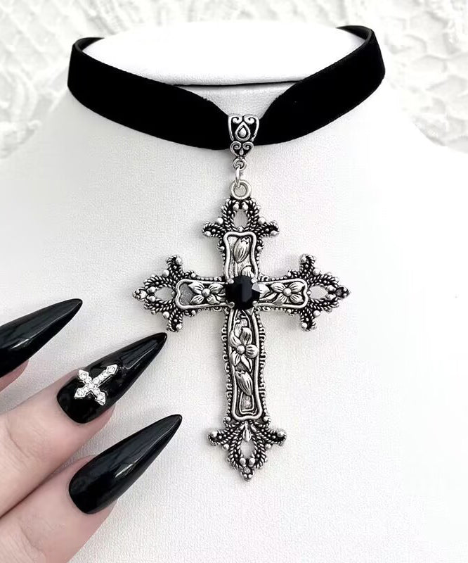 Boho Black Genuine Leather Cross Pendant Necklace