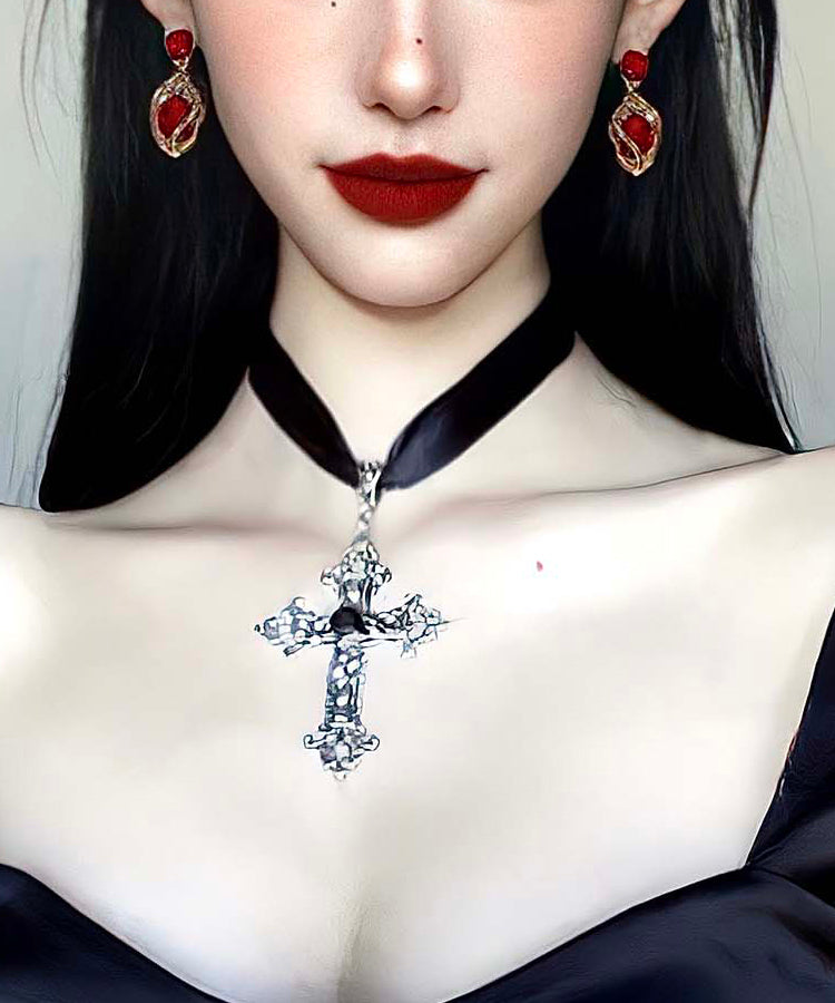 Boho Black Genuine Leather Cross Pendant Necklace