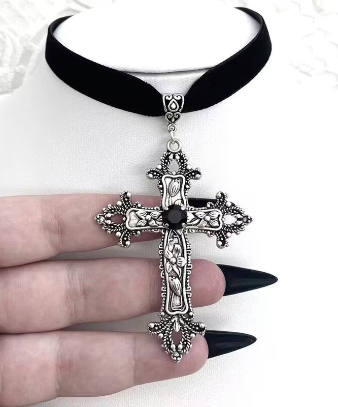 Boho Black Genuine Leather Cross Pendant Necklace