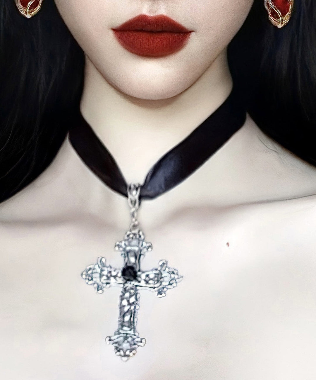 Boho Black Genuine Leather Cross Pendant Necklace