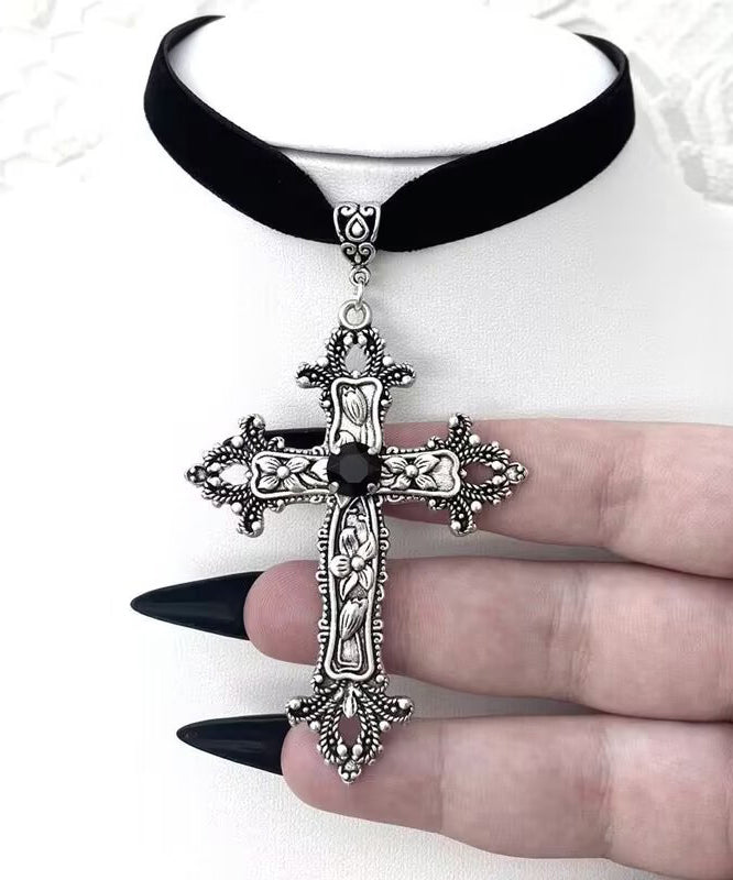 Boho Black Genuine Leather Cross Pendant Necklace