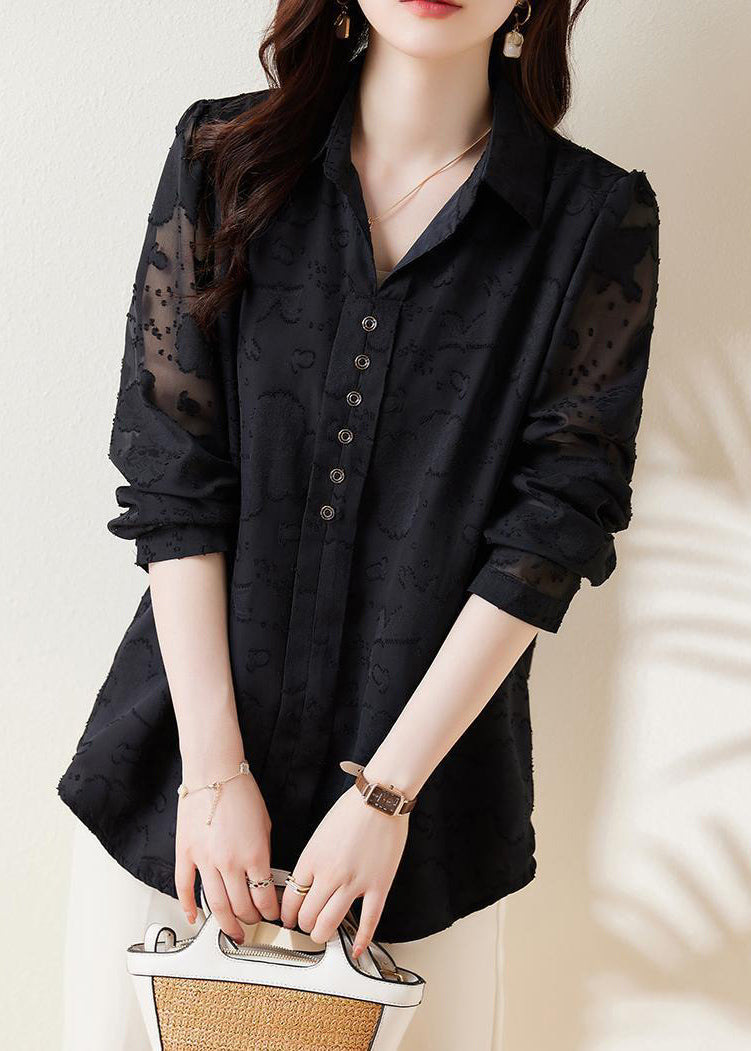 Boho Black Jacquard Draping Chiffon Shirt Spring