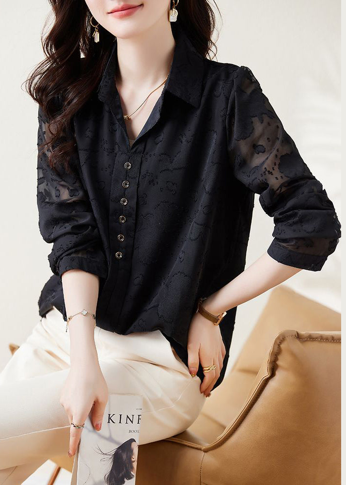 Boho Black Jacquard Draping Chiffon Shirt Spring