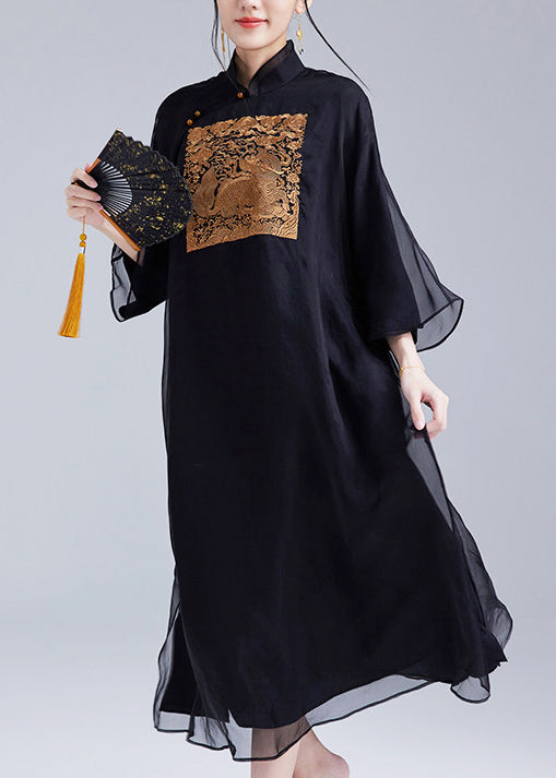 Boho Black Mandarin Collar Embroidered Silk Oriental Dress Summer