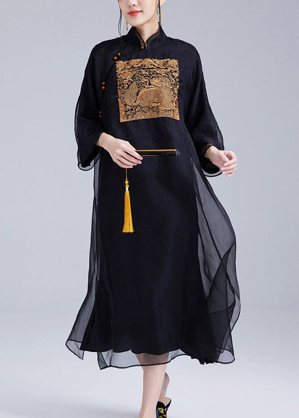Boho Black Mandarin Collar Embroidered Silk Oriental Dress Summer
