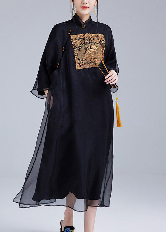 Boho Black Mandarin Collar Embroidered Silk Oriental Dress Summer