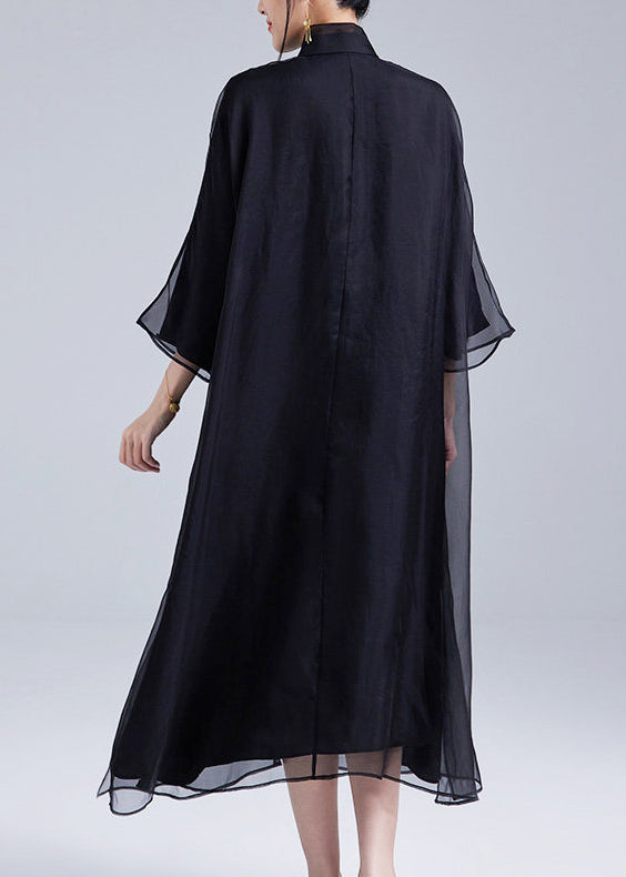 Boho Black Mandarin Collar Embroidered Silk Oriental Dress Summer
