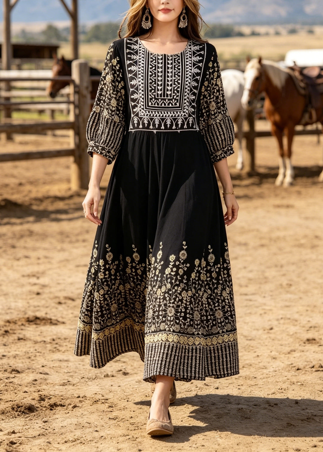 Boho Black O Neck Print Cotton Long Dresses Summer