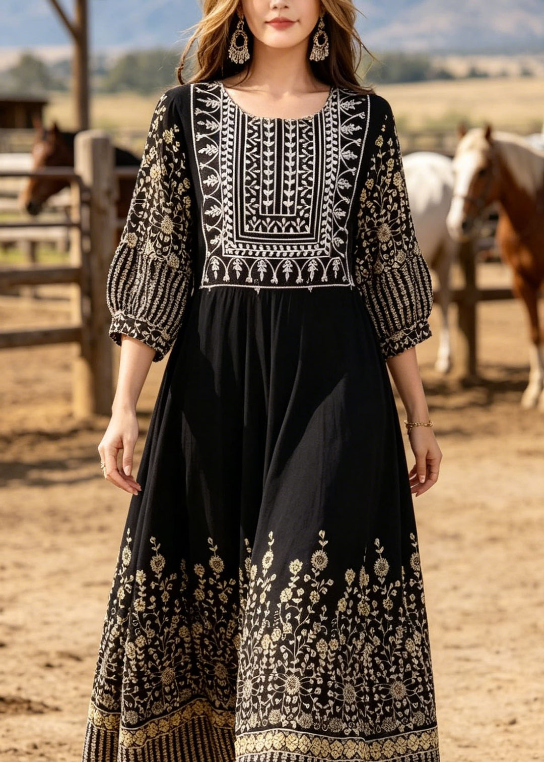 Boho Black O Neck Print Cotton Long Dresses Summer