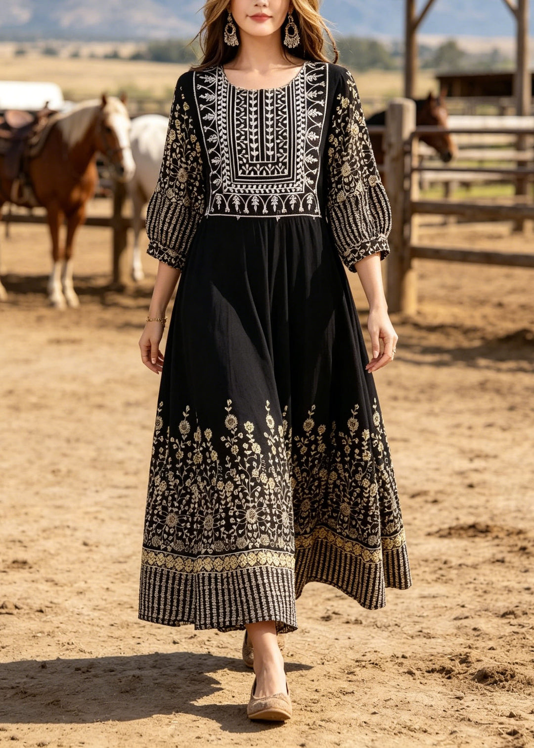 Boho Black O Neck Print Cotton Long Dresses Summer