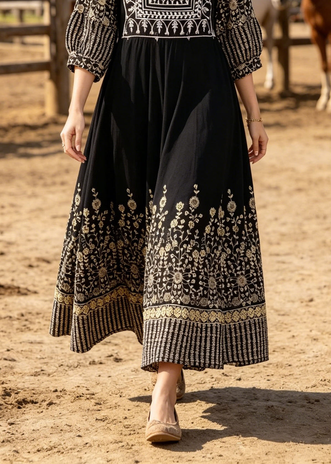 Boho Black O Neck Print Cotton Long Dresses Summer