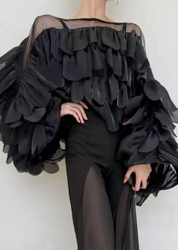 Boho Black O-Neck Ruffled Tulle Solid Tops Batwing Sleeve