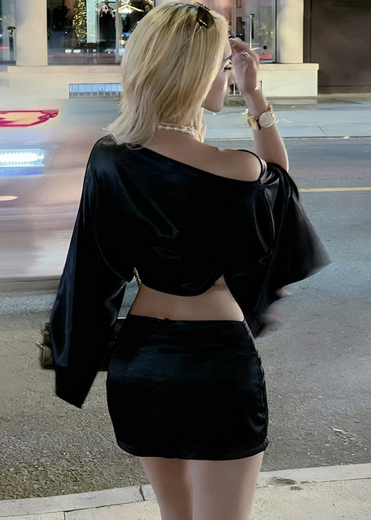 Boho Black One Shoulder Draping Silk Two Pieces Set Summer