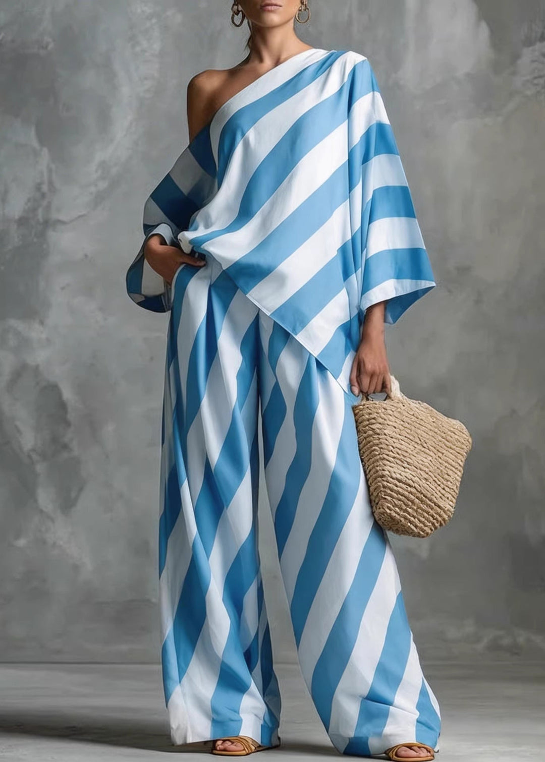 Boho Black One Shoulder Striped Cotton Two Pieces Set Fall
