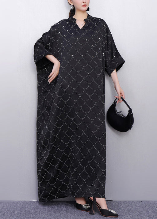 Boho Black Oversized Rhinestone Silk Maxi Dresses Summer