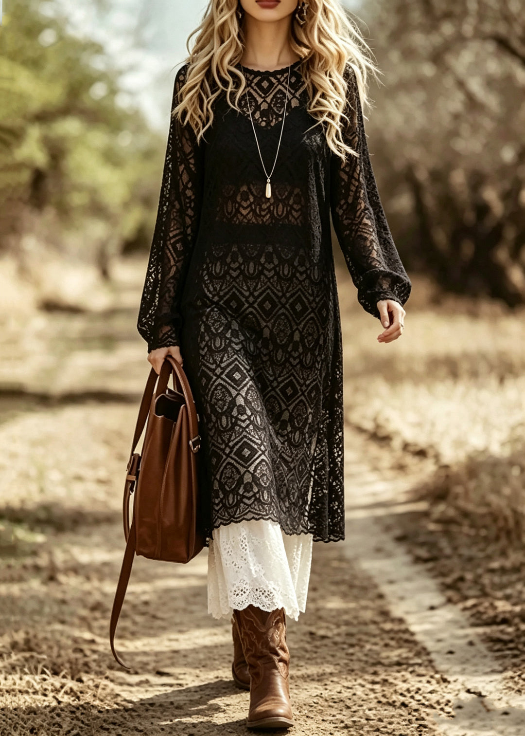 Boho Black Oversized Side Open Lace Two Piece Set Fall