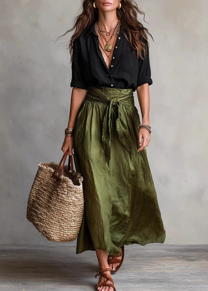 Boho Black Patchwork Shirts And Maxi Skirts Two Piece Set Long Sleeve