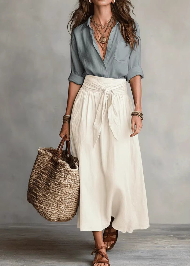 Boho Black Patchwork Shirts And Maxi Skirts Two Piece Set Long Sleeve