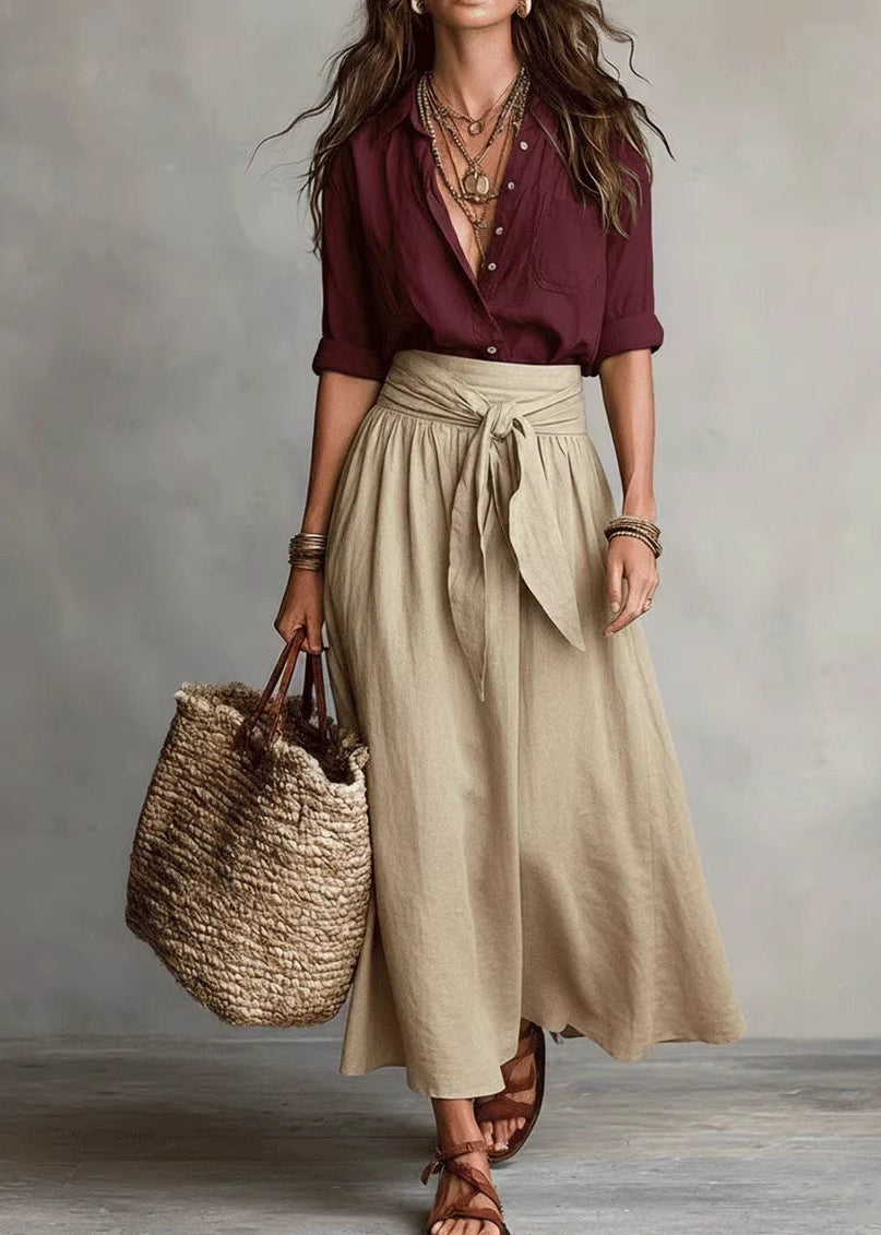 Boho Black Patchwork Shirts And Maxi Skirts Two Piece Set Long Sleeve