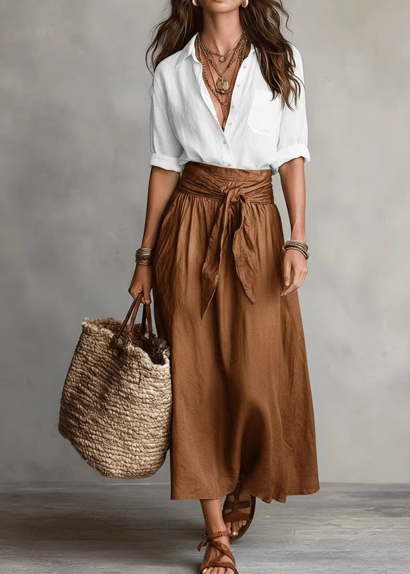 Boho Black Patchwork Shirts And Maxi Skirts Two Piece Set Long Sleeve