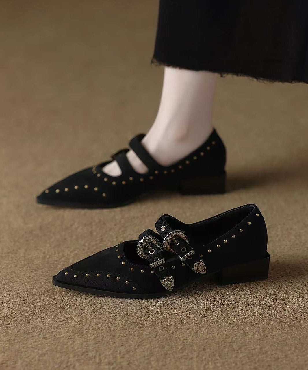 Boho Black Rivet Flat Feet Shoes Buckle Strap Flat Shoes For Women