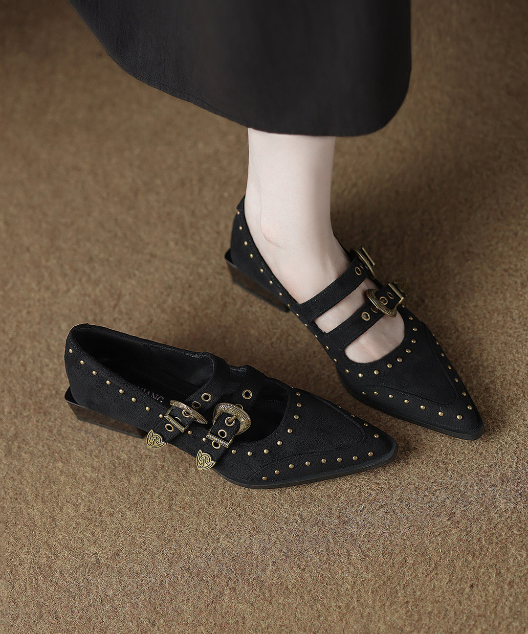 Boho Black Rivet Flat Feet Shoes Buckle Strap Flat Shoes For Women