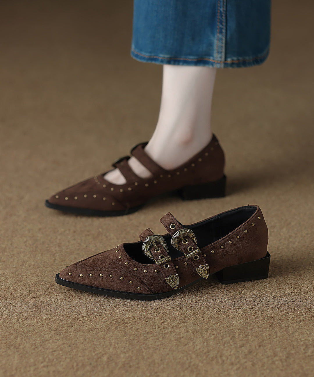 Boho Black Rivet Flat Feet Shoes Buckle Strap Flat Shoes For Women
