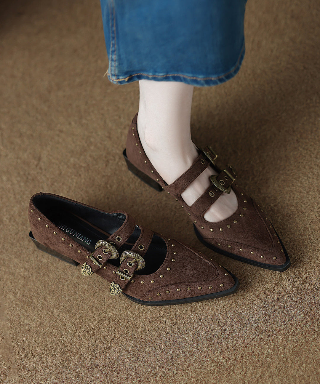 Boho Black Rivet Flat Feet Shoes Buckle Strap Flat Shoes For Women